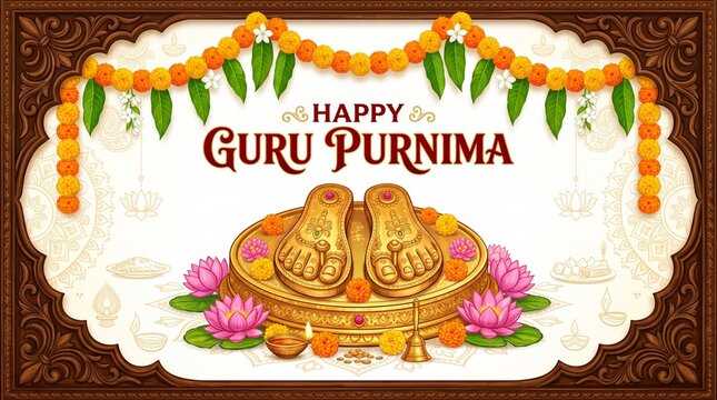 Happy guru purnima greeting with traditional paduka sandals and flowers