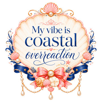 My vibe is coastal overreaction. Elegant maritime quote crest with scallop shell medallion, dangling pearls, navy ribbons and blush bow. Feminine nautical coquette design for apparel and prints