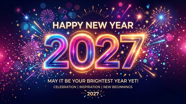 Happy New Year 2027 Bright Neon Glowing Numbers with Colorful Fireworks and Confetti on Dark Festive Background