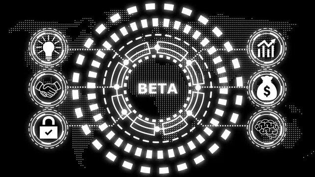 A glowing blue circular diagram with the word beta in the center and six surrounding icons representing business concepts.