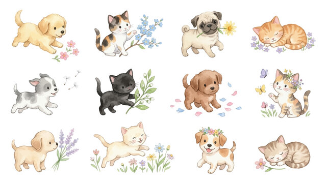 Adorable kitten and puppy watercolor bundle featuring playful pets and spring flowers, charming nursery design set. Collection of Vector illustrations for invitation, card, poster, banner, decoration