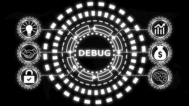 A glowing blue circular diagram with the word debug in the center and six surrounding icons representing business concepts.