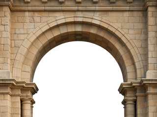 Fototapeta premium Detailed Architectural Photograph of a Classical Stone Archway with Keystone and Brickwork Framing Blank White Sky