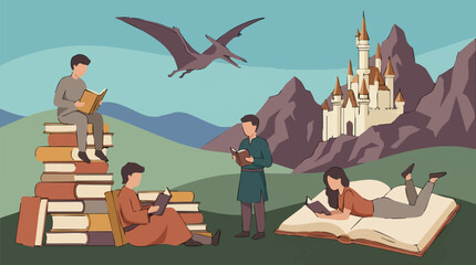 People Reading Books in a Fantasy Landscape with Castle and Pterodactyl © Mountain Top Studio