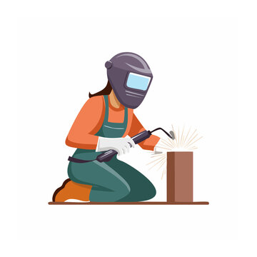 Woman welder working with welding torch