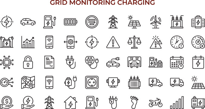 Minimal vector icon set of grid monitoring EV charging infrastructure battery management and renewable energy smart analytics symbols