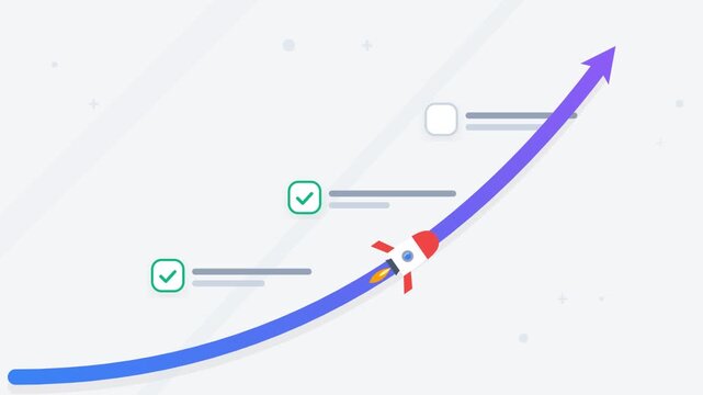 Animated rocket achieving goals on an upward path, marking successful steps