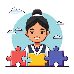 Obraz premium Cartoon woman assembling puzzle pieces with clouds in background