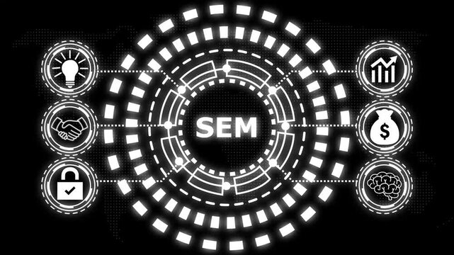 A glowing blue circular diagram with the word sem in the center and six surrounding icons representing business concepts.