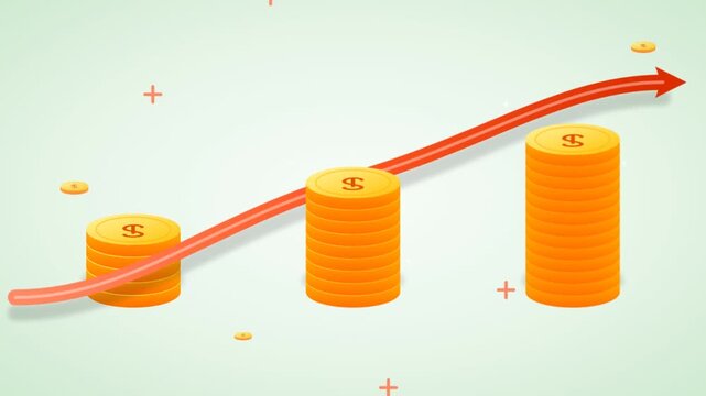 Business growth animation showing red arrow rising over coin stacks for financial success and profit increase.