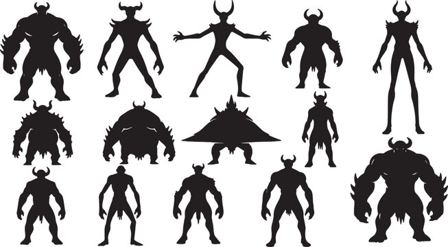 Collection of black demon and monster silhouettes on a white background, featuring various horned creatures, muscular fantasy beasts, ogres, and mythical warrior character designs.