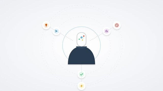 Conceptual animation of a person icon with rotating business symbols for productivity, time management and data strategy
