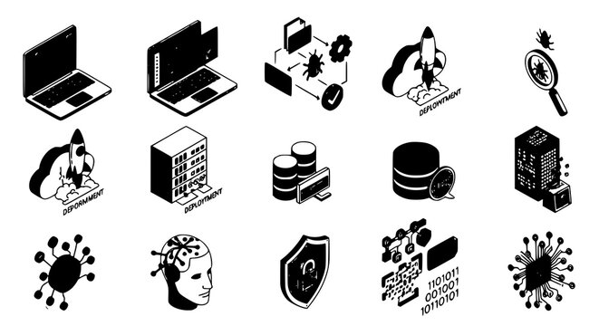 Devops and cybersecurity icons for software development and deployment