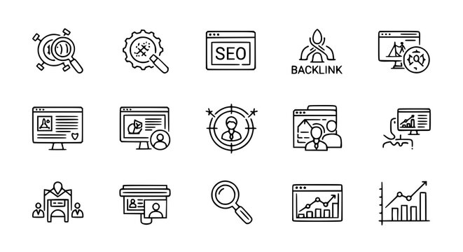 Seo and backlink optimization icons for digital marketing and search engine ranking