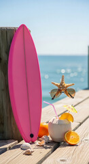 Obraz premium Pink surfboard with drink and starfish sunglasses on a wooden pier, embodying summer vacation and beach relaxation
