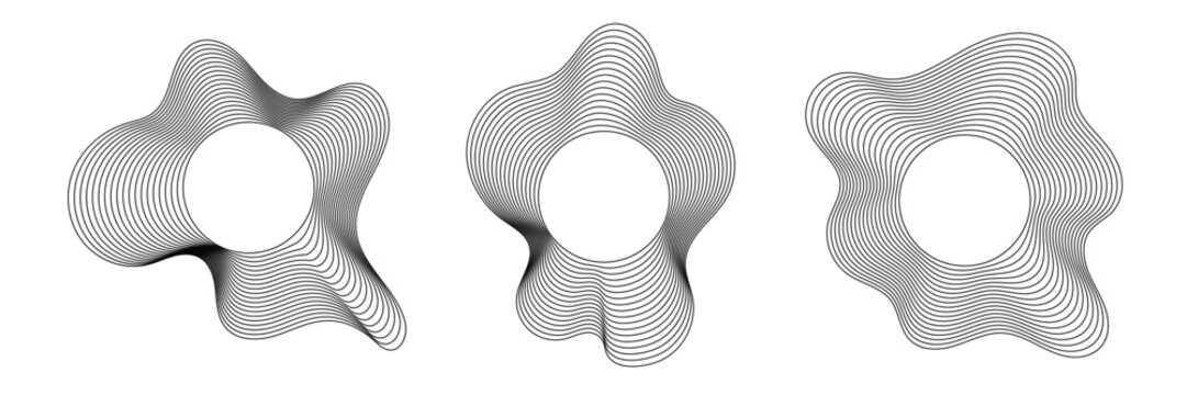 Abstract sound wave vector illustration set with circular distortion lines and black-and-white radial ripple patterns. Modern dynamic audio waveform design elements suitable for banners, posters