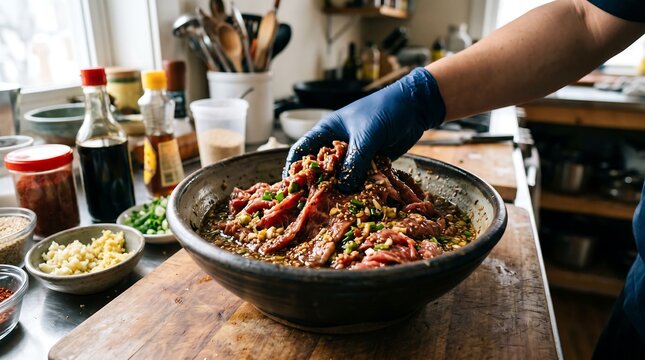 Chef wearing blue glove mixing raw marinated beef with spices by hand. Process of preparing traditional Korean bulgogi in restaurant kitchen. Professional culinary food preparation.