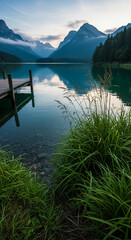 Obraz premium Calm lake and misty mountains at dawn with a wooden pier. Symbolizes tranquility, nature's beauty, and a serene escape, perfect for travel or relaxation themes