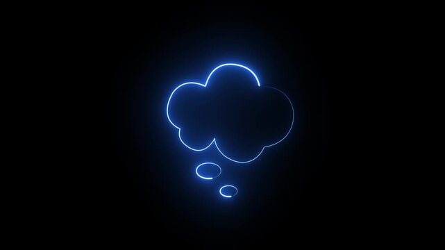 Blue Neon Thought Cloud Animation on Black Background, Glowing Light Effect Dream Bubble Loop