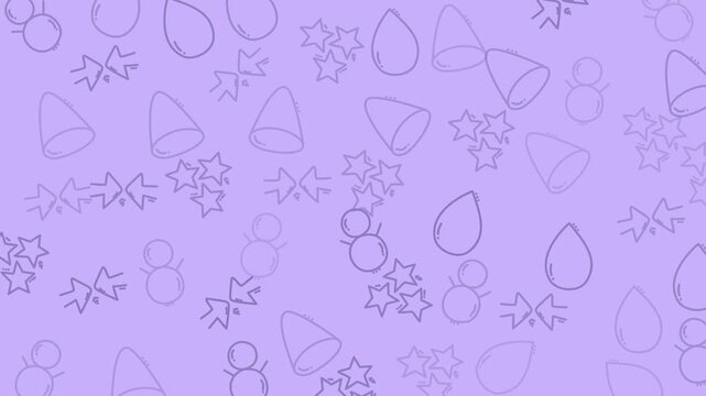 Purple background pattern with handdrawn stars, snowmen, drops, and arrow symbols. Suitable for winterthemed designs and holiday projects.