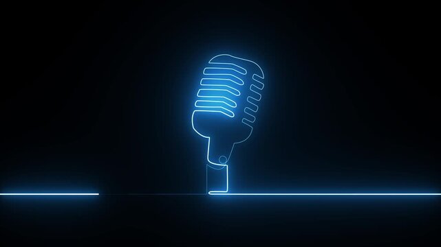 Blue Neon Vintage Microphone Animation, Glowing Continuous Line Retro Mic Icon Loop on Black Background