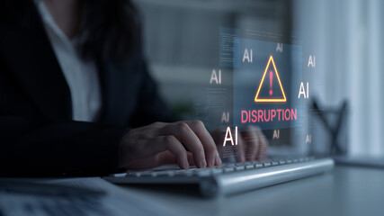 Disruption warning future of work, featuring AI agents replacing human jobs. Represents labor...