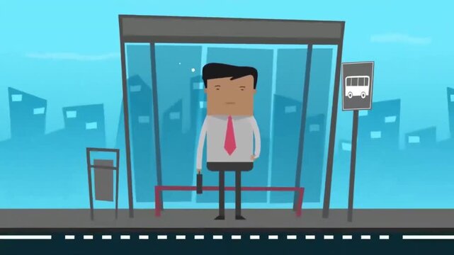 Businessman Waiting at City Bus Stop Shelter Urban Commute 2D Animation