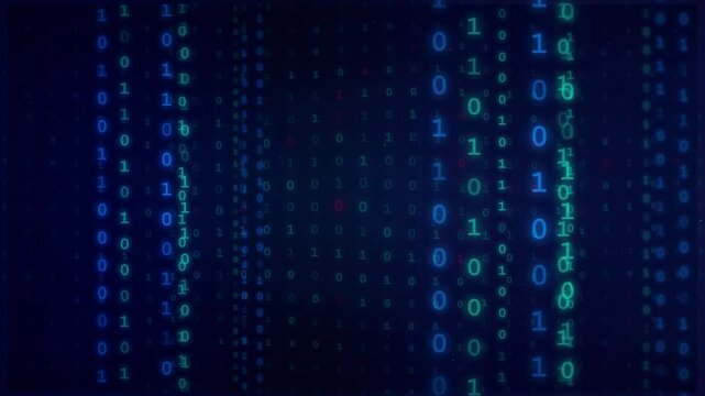 Abstract digital binary code streaming vertically on a dark blue technological background