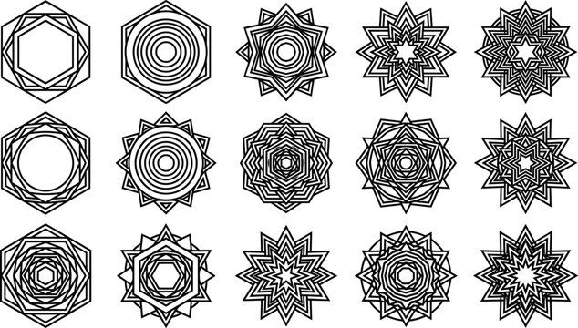 Geometric Star and Hexagon Line Icon Vector Set Featuring Linear Hexagonal Shapes Mandalas and Sacred Geometry Symbols for Modern Graphic Logo Designs