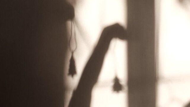 A blurred shadow of a child dances on the wall &mdash; a girl playing with Christmas decorations, exploring the magic of light and shadow. She&rsquo;s waiting for the holidays with quiet anticipation. Winter mood