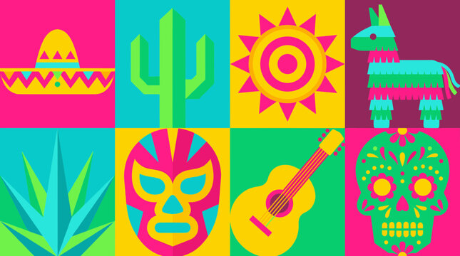 Vibrant Mexican cultural icons collage featuring fiesta elements like a sombrero cactus pinata sugar skull and guitar on colorful geometric background