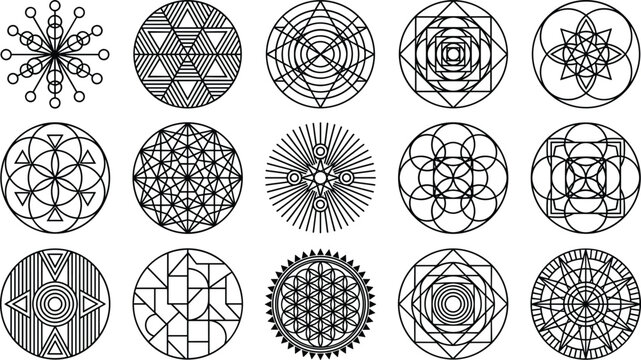 Sacred Geometry Circle Vector Set Featuring Flower of Life Esoteric Mandala Symbols and Linear Geometric Elements for Modern Logo and Tattoo Graphic Designs