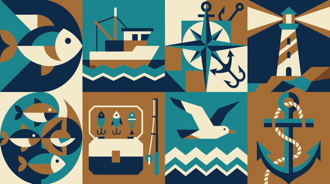 Nautical theme mosaic with fish lighthouse anchor fishing gear seagull and compass rose in geometric abstract style