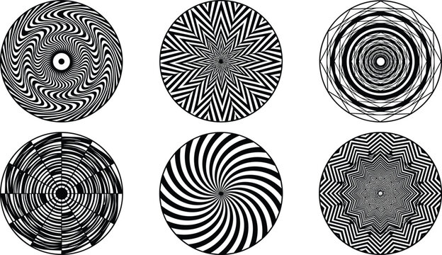 Psychedelic Op Art Circle Icon Vector Set with Hypnotic Optical Illusion Spirals and Black and White Geometric Vortex Patterns for Abstract Graphic Designs