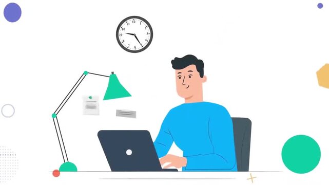 Dedicated Designer or Architect Working Late at Desk with Office Lamp Animation