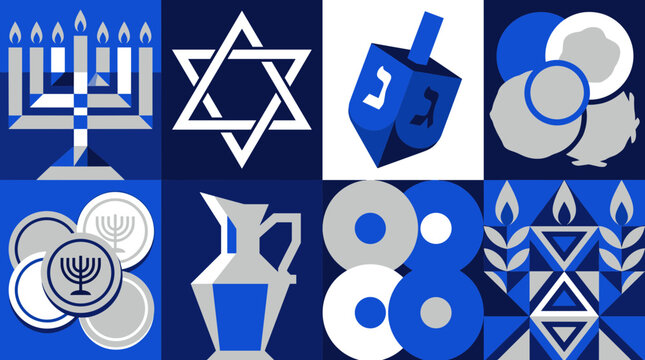 Jewish holiday Hanukkah symbols mosaic pattern blue white silver graphic design menorah dreidel star of david coins jug wheat