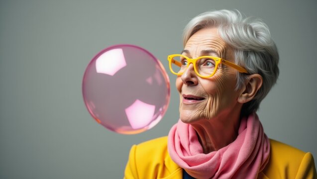 Elderly woman with short gray hair wearing yellow glasses and pink scarf gazes at a floating pink bubble against a neutral gray background