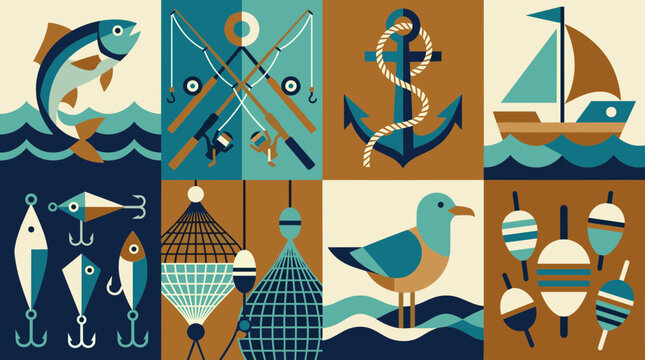Nautical and Fishing Theme Mosaic with Nautical Icons and Marine Life Elements