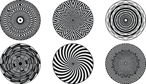 Abstract Op Art Circular Graphic Vector Set Featuring Hypnotic Spiral Patterns and Optical Illusion Mandalas for Psychedelic Cover Art Designs