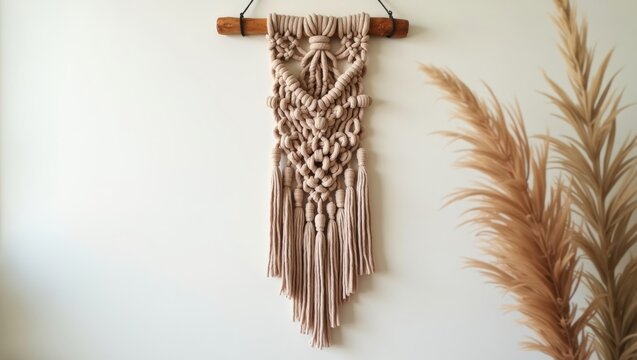 Macrame wall hanging in beige tones with intricate knot patterns and fringes, mounted on a wooden rod against a light-colored wall, complemented by decorative pampas grass