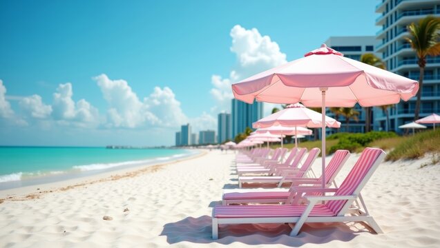 Pink beach loungers with umbrellas lined along a sandy shore, turquoise ocean waves gently lapping against the beach, high-rise buildings in the background