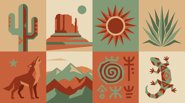 Southwestern desert landscape elements and wildlife in a geometric mosaic pattern with cactus coyote sun and lizard