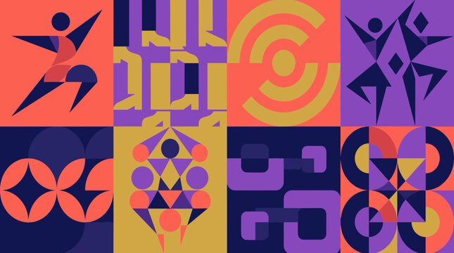 Abstract geometric patterns with dancing figures and shapes in vibrant colors forming a modern mosaic collage