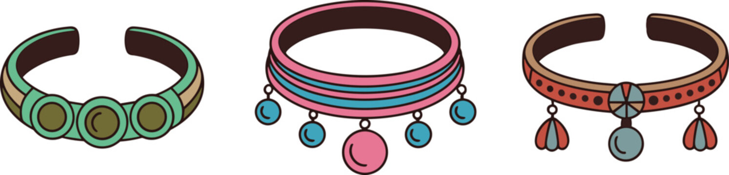Set of three ethnic boho style bracelets and chokers vector illustration isolated on white background