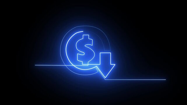 Blue Neon Dollar Coin with Downward Arrow Animation, Financial Loss and Economic Inflation Concept Loop