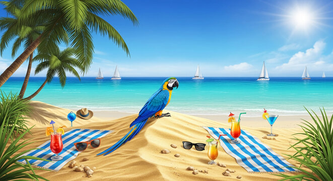 Tropical beach scene with a parrot, palm trees, sailboats, and cocktails, symbolizing vacation, relaxation, and paradise