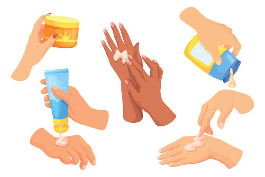 Hands applying lotion. Female hand apply sunscreen spf cream woman arm hold moisturizer skin care cosmetic scrub ointment tube body wash sunburn protection neat vector illustration