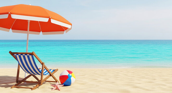 Beach scene with orange umbrella, striped chair, beach ball, and starfish on sand, symbolizing vacation, relaxation, and summer fun