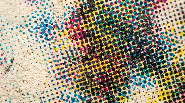 Abstract CMYK Halftone Texture Featuring Retro Offset Printing Error Effect on Rough Textured Paper, Vivid Cyan Magenta Yellow Black Dot Pattern for Modern Graphic Design and Artistic Backgrounds