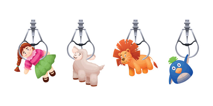 Claw machine toys. Plush animal toy hanging grabber crane arm vending arcade machine grab catch doll lion sheep amusement automatic catcher cartoon ingenious vector illustration
